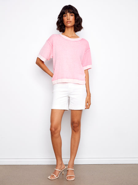 CHARLIE B C2947V REVERSE PRINT SHORT SLEEVE CREW NECK SWEATER - 2 COLOURS