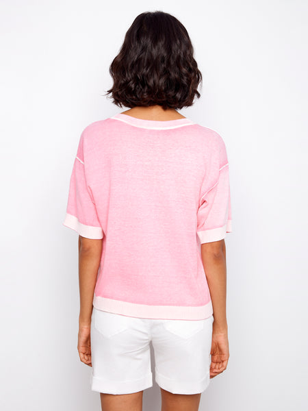 CHARLIE B C2947V REVERSE PRINT SHORT SLEEVE CREW NECK SWEATER - 2 COLOURS