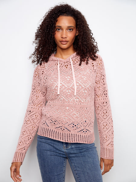 CHARLIE B C2949C COLD DYE RAGLAN LONG SLEEVE CROCHET HOODIE SWEATER