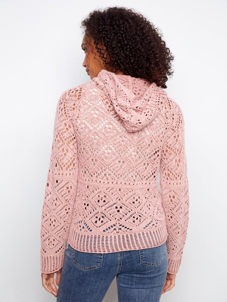 CHARLIE B C2949C COLD DYE RAGLAN LONG SLEEVE CROCHET HOODIE SWEATER