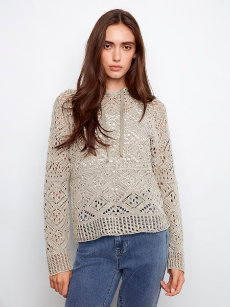 CHARLIE B C2949C COLD DYE RAGLAN LONG SLEEVE CROCHET HOODIE SWEATER
