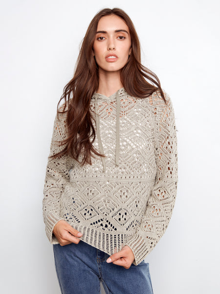 CHARLIE B C2949C COLD DYE RAGLAN LONG SLEEVE CROCHET HOODIE SWEATER