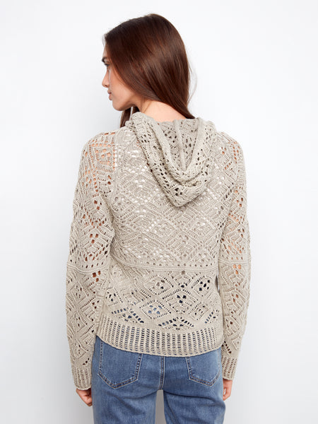 CHARLIE B C2949C COLD DYE RAGLAN LONG SLEEVE CROCHET HOODIE SWEATER