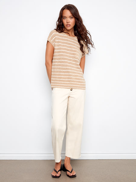CHARLIE B C2952 STRIPPED CROP CAP SLEEVE CREW NECK SWEATER