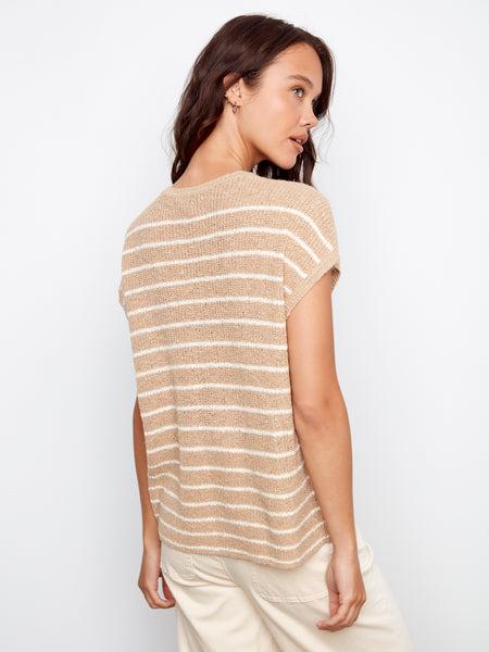 CHARLIE B C2952 STRIPPED CROP CAP SLEEVE CREW NECK SWEATER