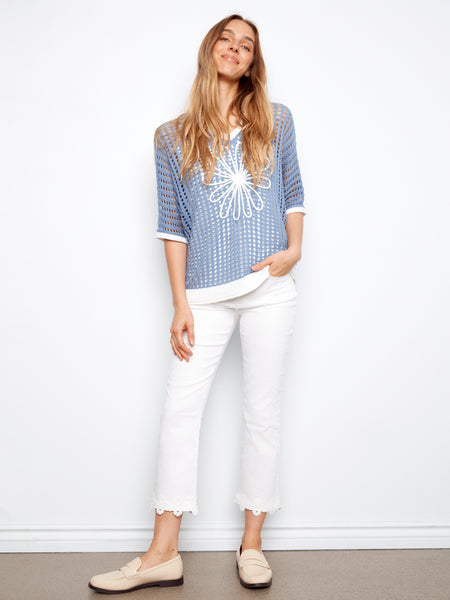 CHARLIE B C2953 FISHNET DOLMAN ELBOW SLEEVE SWEATER