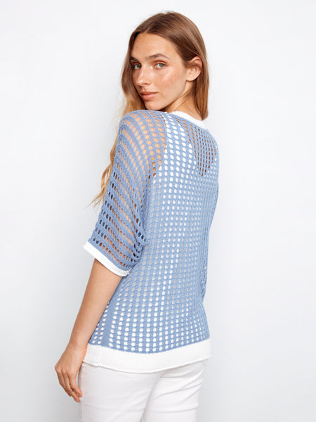 CHARLIE B C2953 FISHNET DOLMAN ELBOW SLEEVE SWEATER