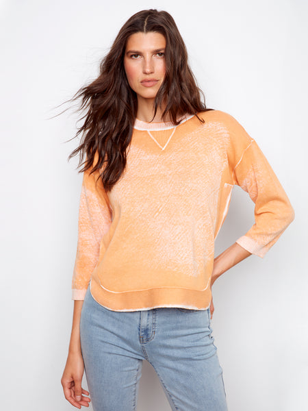 CHARLIE B C2964P REVERSED PRINT 3/4SLEEVE SWEATER WITH CURVED HEM