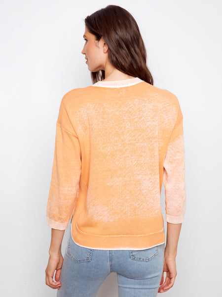 CHARLIE B C2964P REVERSED PRINT 3/4SLEEVE SWEATER WITH CURVED HEM