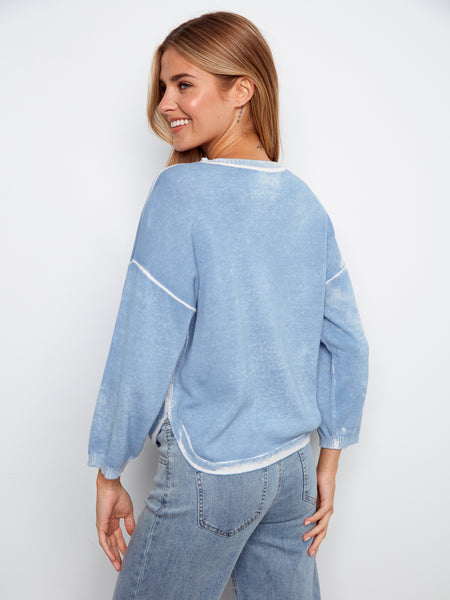 CHARLIE B C2964P REVERSED PRINT 3/4SLEEVE SWEATER WITH CURVED HEM