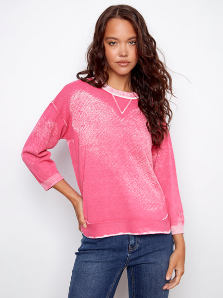 CHARLIE B C2964P REVERSED PRINT 3/4SLEEVE SWEATER WITH CURVED HEM