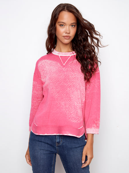 CHARLIE B C2964P REVERSED PRINT 3/4SLEEVE SWEATER WITH CURVED HEM