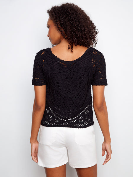 CHARLIE B C2965 SHORT SLEEVE CROCHET SWEATER WITH PLACKET AND BUTTONS AT BACK- 2 colours
