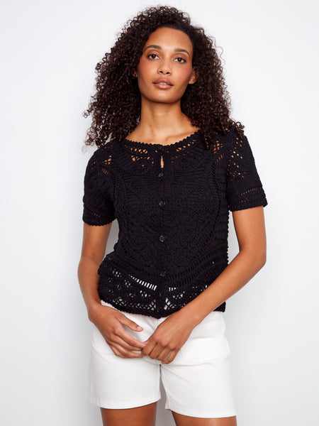 CHARLIE B C2965 SHORT SLEEVE CROCHET SWEATER WITH PLACKET AND BUTTONS AT BACK- 2 colours
