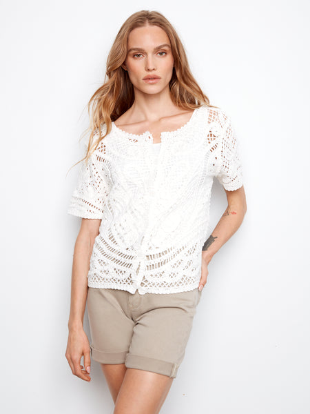 CHARLIE B C2965 SHORT SLEEVE CROCHET SWEATER WITH PLACKET AND BUTTONS AT BACK- 2 colours