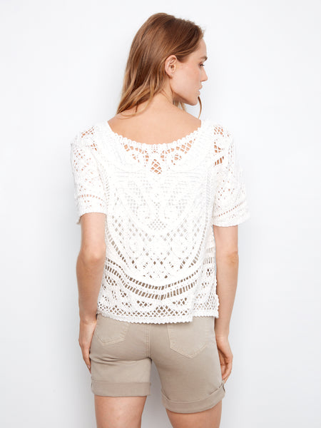 CHARLIE B C2965 SHORT SLEEVE CROCHET SWEATER WITH PLACKET AND BUTTONS AT BACK- 2 colours