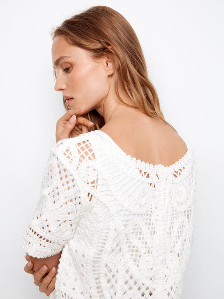 CHARLIE B C2965 SHORT SLEEVE CROCHET SWEATER WITH PLACKET AND BUTTONS AT BACK- 2 colours