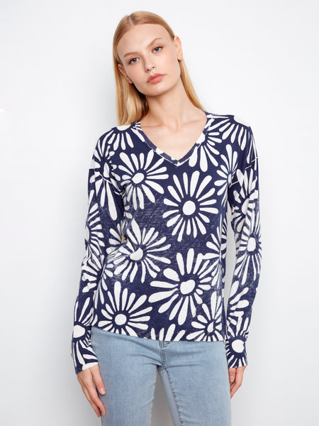 CHARLIE B C2968 LONG SLEEVE REVERSIBLE PRINTED V-NECK SWEATER- 2 COLOURS