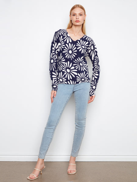 CHARLIE B C2968 LONG SLEEVE REVERSIBLE PRINTED V-NECK SWEATER- 2 COLOURS