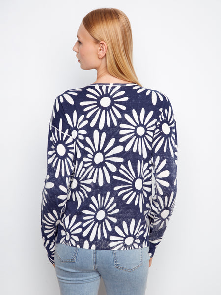 CHARLIE B C2968 LONG SLEEVE REVERSIBLE PRINTED V-NECK SWEATER- 2 COLOURS