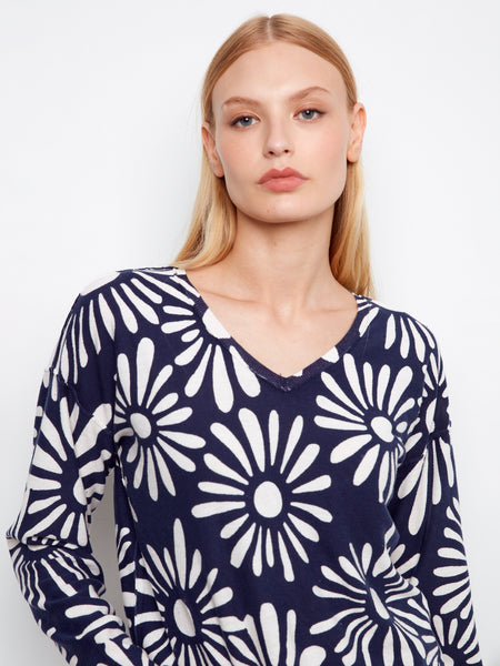 CHARLIE B C2968 LONG SLEEVE REVERSIBLE PRINTED V-NECK SWEATER- 2 COLOURS