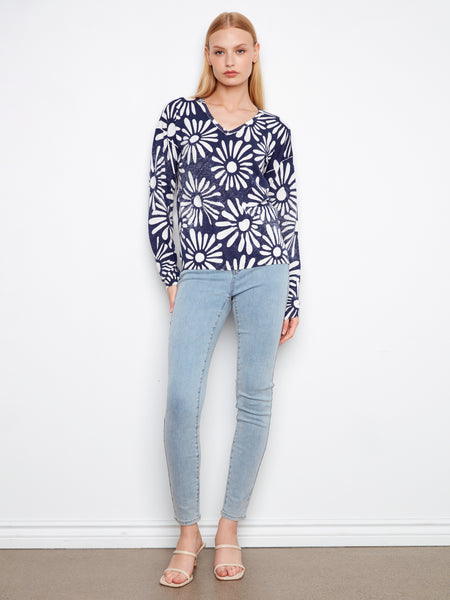 CHARLIE B C2968 LONG SLEEVE REVERSIBLE PRINTED V-NECK SWEATER- 2 COLOURS