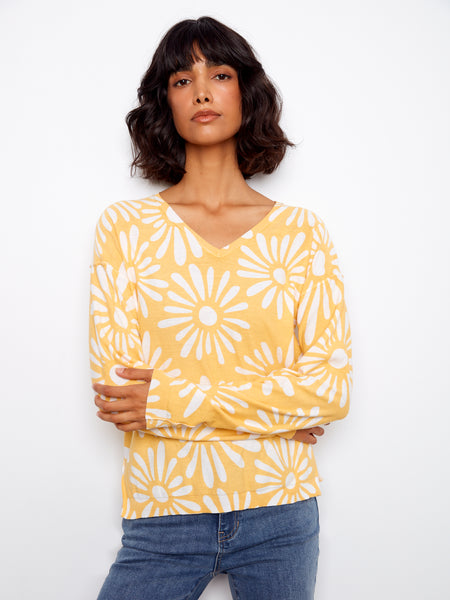 CHARLIE B C2968 LONG SLEEVE REVERSIBLE PRINTED V-NECK SWEATER- 2 COLOURS