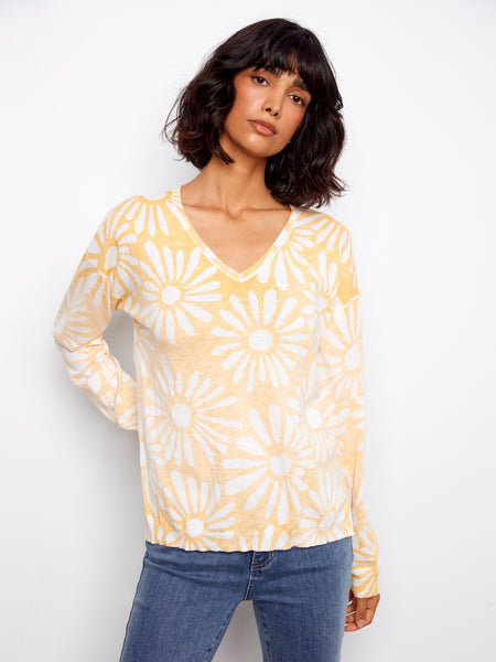 CHARLIE B C2968 LONG SLEEVE REVERSIBLE PRINTED V-NECK SWEATER- 2 COLOURS