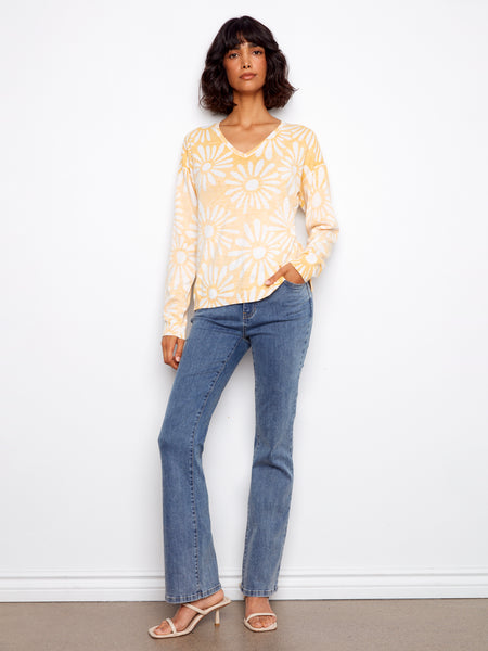 CHARLIE B C2968 LONG SLEEVE REVERSIBLE PRINTED V-NECK SWEATER- 2 COLOURS