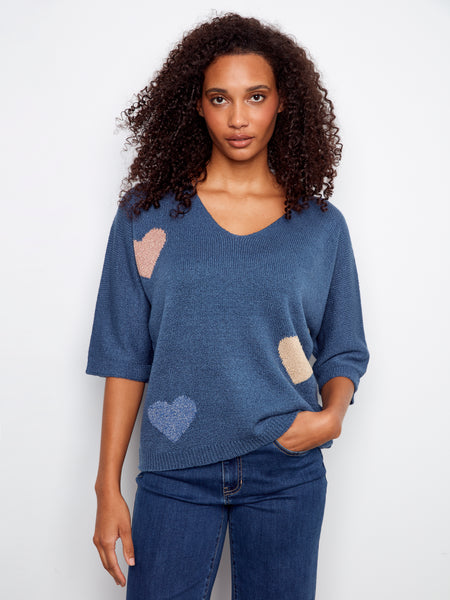 CHARLIE B C2971 DOLMAN ELBOW SLEEVE SWEATER WITH PLACED JACQUARD PATTERN- 2 COLOURS