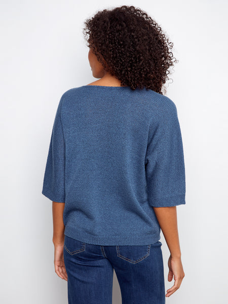 CHARLIE B C2971 DOLMAN ELBOW SLEEVE SWEATER WITH PLACED JACQUARD PATTERN- 2 COLOURS