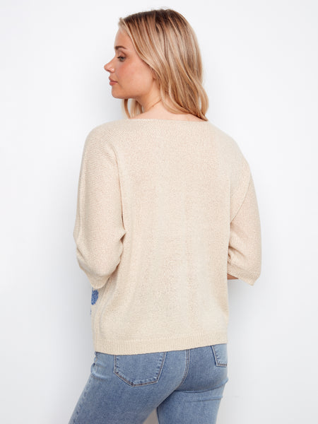 CHARLIE B C2971 DOLMAN ELBOW SLEEVE SWEATER WITH PLACED JACQUARD PATTERN- 2 COLOURS
