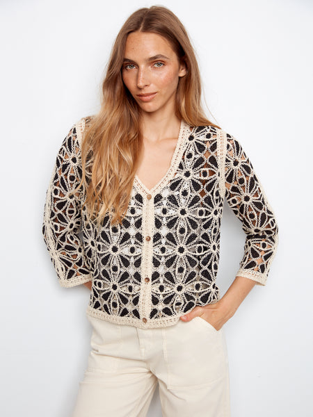 CHARLIE B C2981 3/4 SLEEVE CROCHET N-NECK CARDIGAN