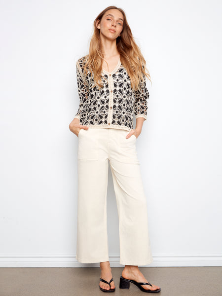 CHARLIE B C2981 3/4 SLEEVE CROCHET N-NECK CARDIGAN