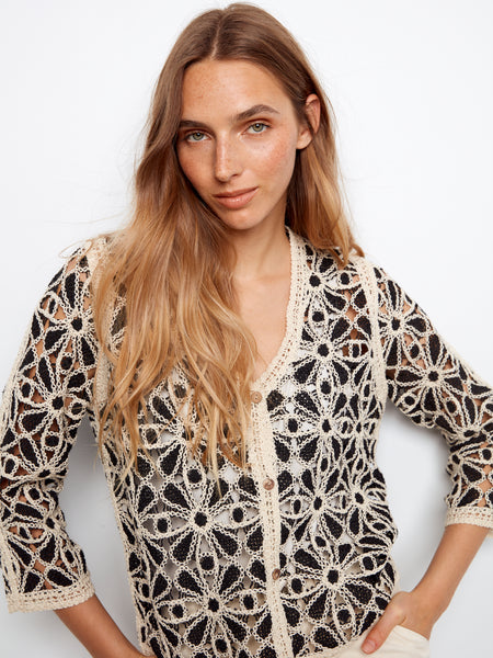 CHARLIE B C2981 3/4 SLEEVE CROCHET N-NECK CARDIGAN