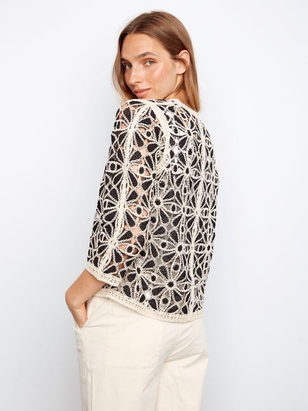 CHARLIE B C2981 3/4 SLEEVE CROCHET N-NECK CARDIGAN