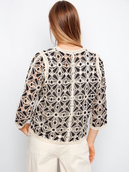 CHARLIE B C2981 3/4 SLEEVE CROCHET N-NECK CARDIGAN
