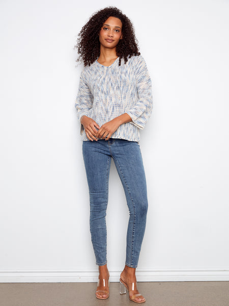 CHARLIE B C2983 3/4 SLEEVE DROP SHOULDER V-NECK SWEATER