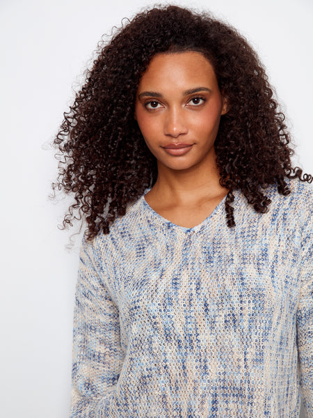 CHARLIE B C2983 3/4 SLEEVE DROP SHOULDER V-NECK SWEATER