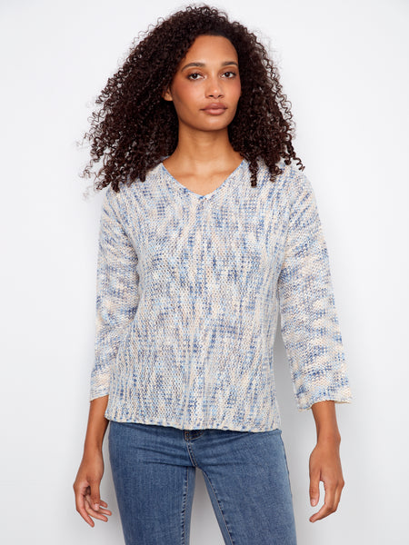 CHARLIE B C2983 3/4 SLEEVE DROP SHOULDER V-NECK SWEATER
