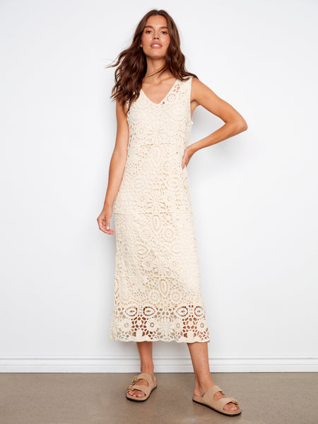 CHARLIE B C3203R SLEEVELESS V-NECK LINED CROCHET DRESS