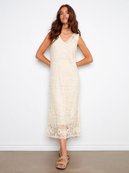 CHARLIE B C3203R SLEEVELESS V-NECK LINED CROCHET DRESS