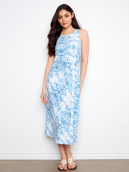 CHARLIE B C3206R PRINTED COTTON SLUB DRESS WITH FAUX KNOT DETAIL