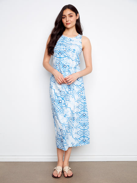 CHARLIE B C3206R PRINTED COTTON SLUB DRESS WITH FAUX KNOT DETAIL