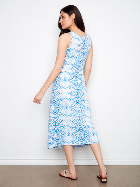 CHARLIE B C3206R PRINTED COTTON SLUB DRESS WITH FAUX KNOT DETAIL