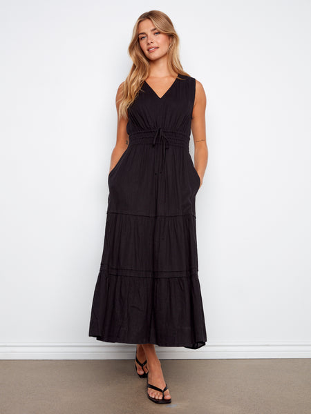 CHARLIE B C3221 V-NECK MULTI-TIERED LONG LINEN DRESS- 2 colours