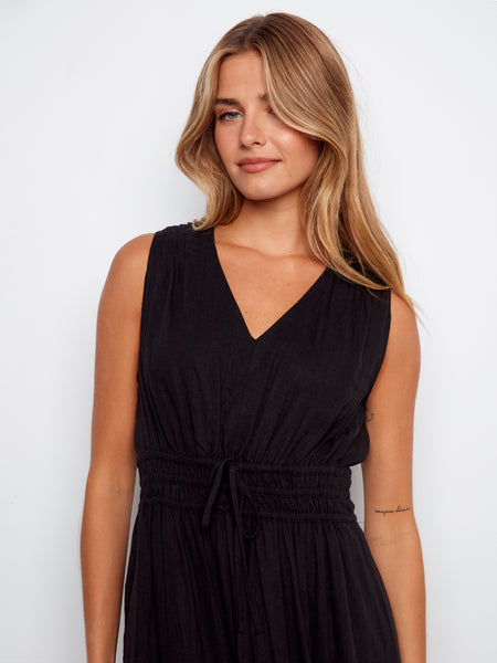 CHARLIE B C3221 V-NECK MULTI-TIERED LONG LINEN DRESS- 2 colours