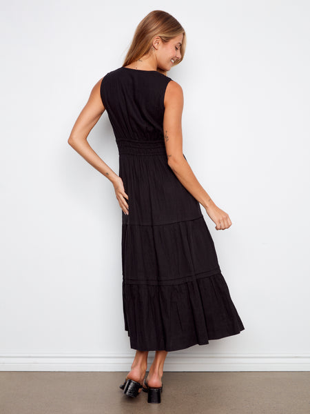 CHARLIE B C3221 V-NECK MULTI-TIERED LONG LINEN DRESS- 2 colours