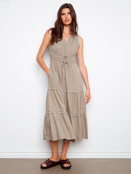 CHARLIE B C3221 V-NECK MULTI-TIERED LONG LINEN DRESS- 2 colours