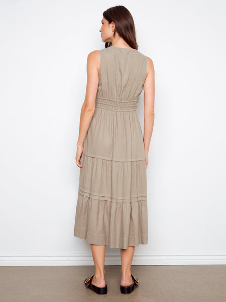 CHARLIE B C3221 V-NECK MULTI-TIERED LONG LINEN DRESS- 2 colours